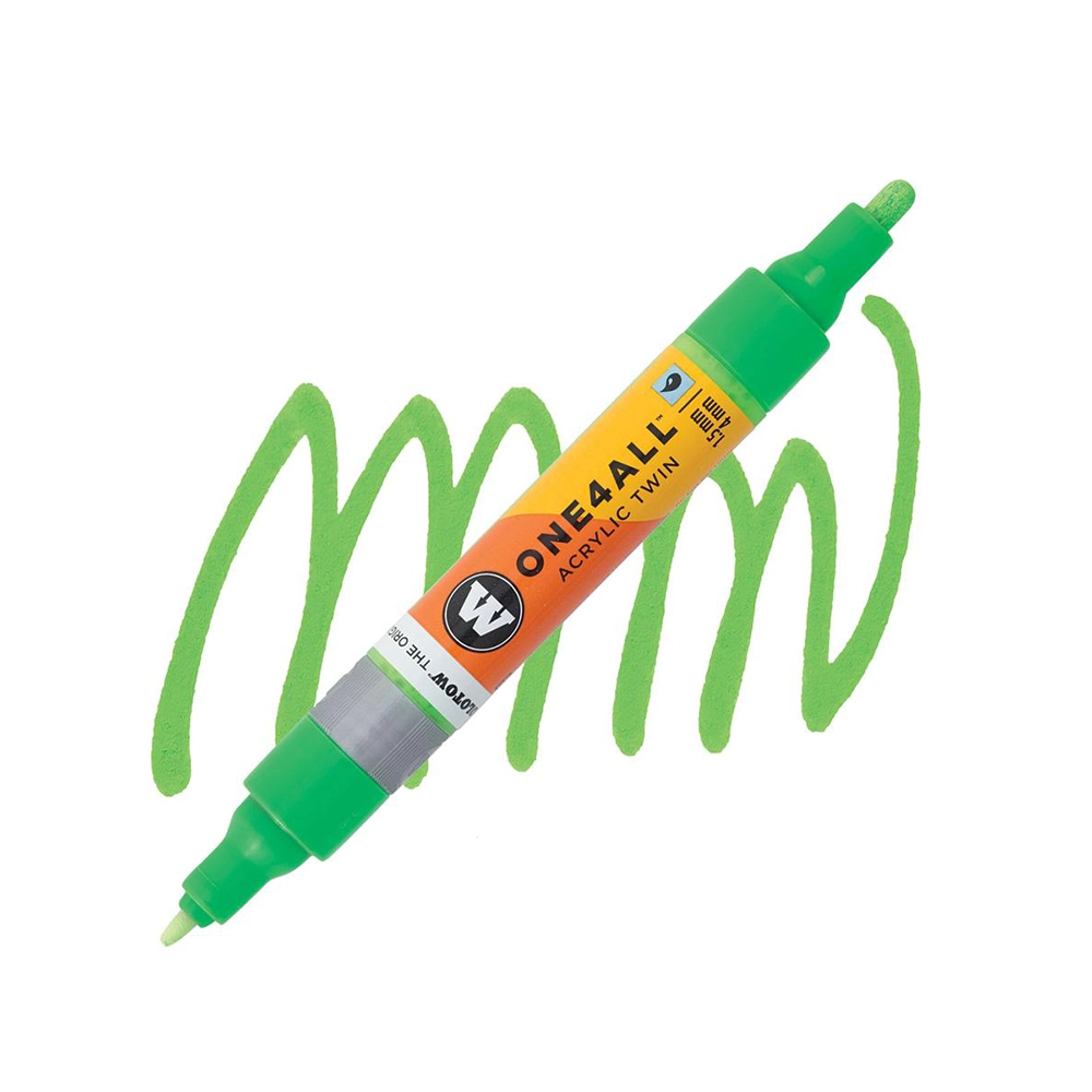 Molotow ONE4ALL Acryl Twin двустранен акрилен маркер, 1,5 + 4 мм, флуоресцентно неоново зелен